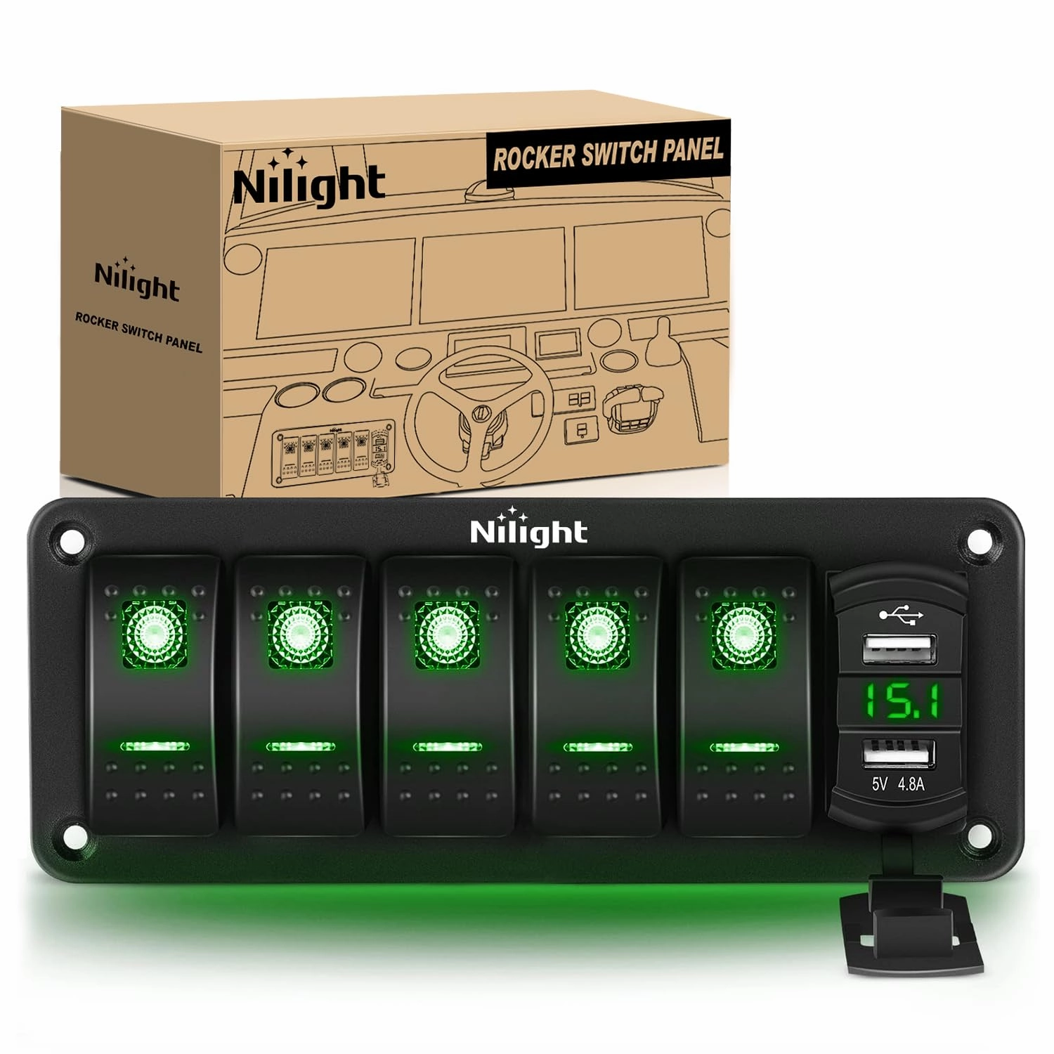 Nilight 5 Gang Rocker Switch Panel Green Backlit with 4.8 Amp Dual USB Charger Voltmeter Waterproof 12V 24V DC Night Glow Stickers for Car Trucks Boats RVs