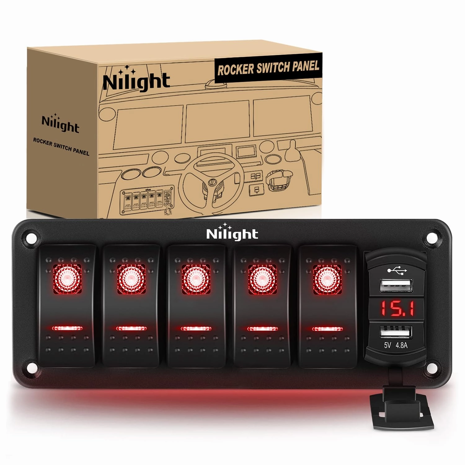 Nilight 5 Gang Rocker Switch Panel Red Backlit with 4.8 Amp Dual USB Charger Voltmeter Waterproof 12V 24V DC Switches with Night Glow Stickers for Car Trucks Boats RVs