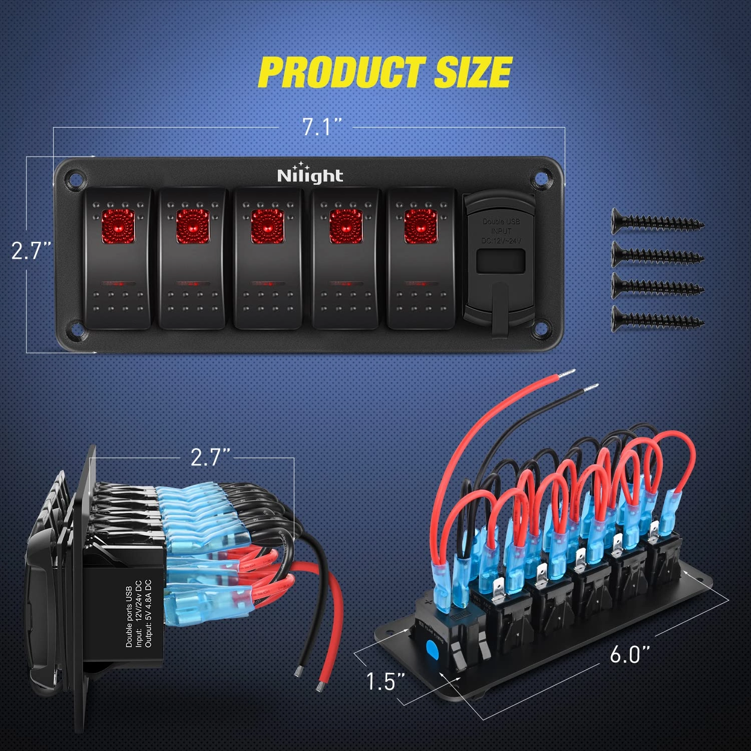 Nilight 5 Gang Rocker Switch Panel Red Backlit with 4.8 Amp Dual USB Charger Voltmeter Waterproof 12V 24V DC Switches with Night Glow Stickers for Car Trucks Boats RVs