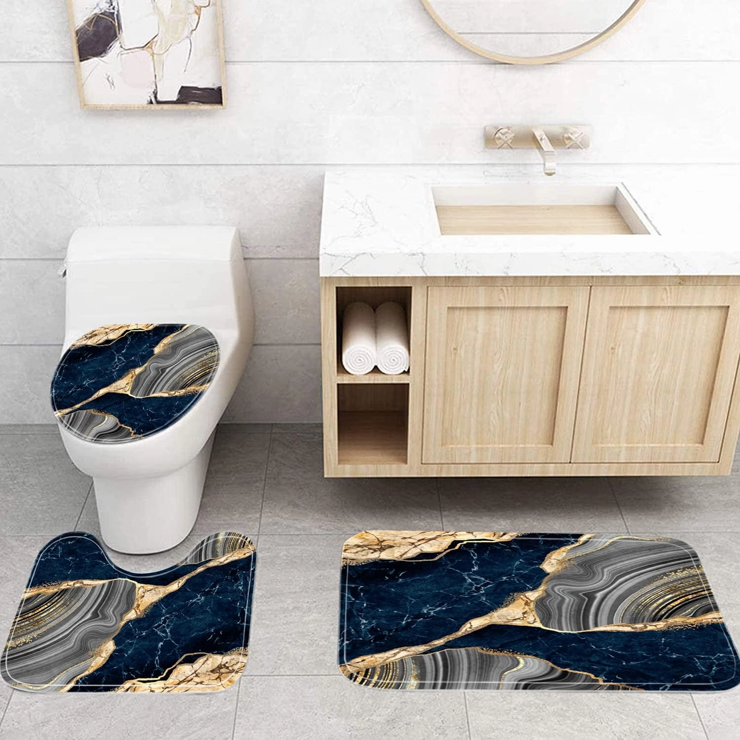 Nkzply 4 Pcs Blue Marble Shower Curtain Sets with Rugs Gold Bathroom Sets with Shower Curtain and Rugs Modern Abstract Grey Bathroom Accessories Decor Toilet Lid Cover and 12 Hooks