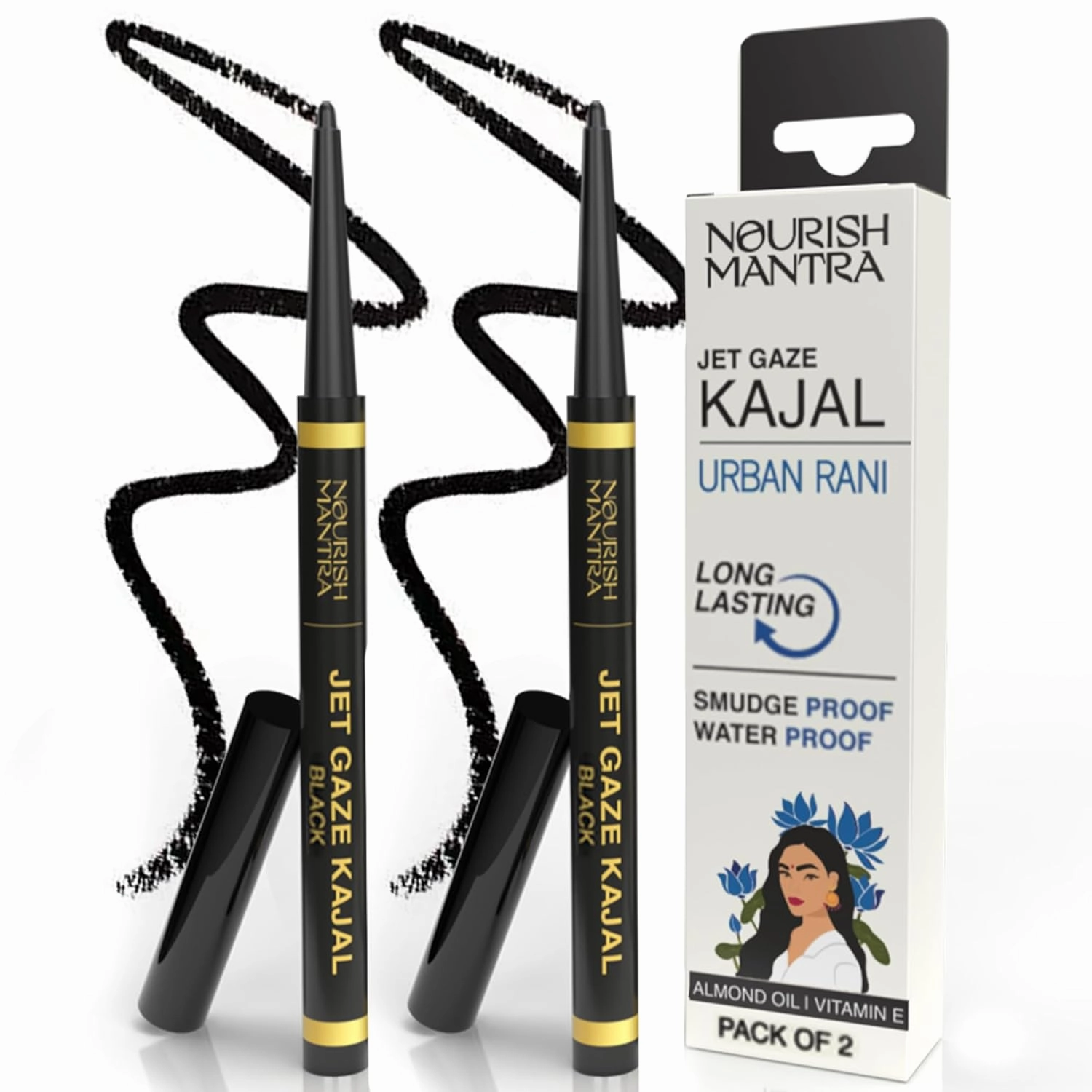 NOURISH MANTRA Jet Gaze Kajal Urban Rani - Combo - Black & Black 0.35g/ with Almond Oil, Argan Oil & Vitamin E/Intense Pigmentation/Smudge Proof/Water Proof/Long Lasting