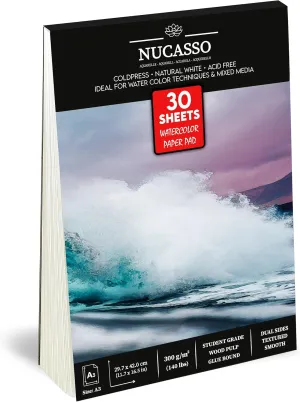 NUCASSO Watercolour Paper Pad A3 x 30 Sheets – Natural White 300 GSM Student Grade, Cold-Pressed, Glue Bound Water Colour Sketchbook for Wet, Dry & Mixed Media