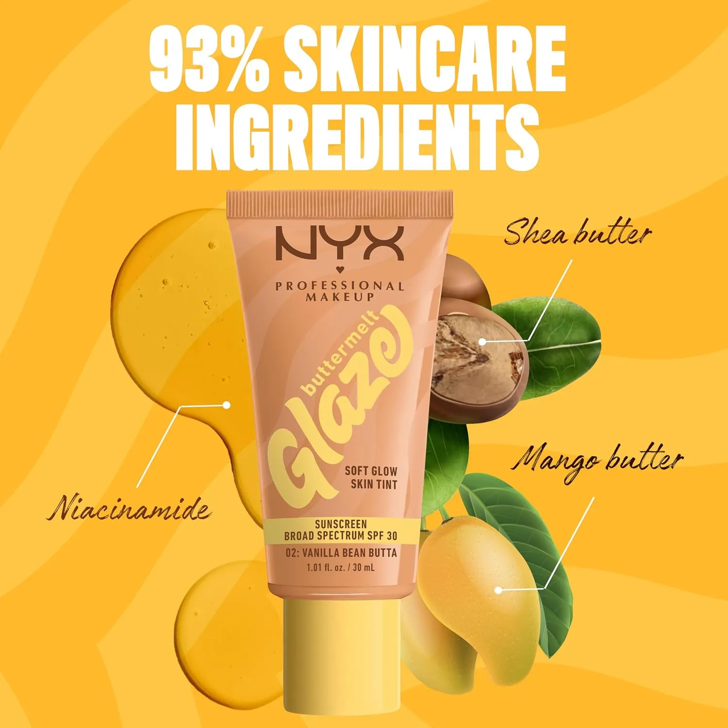 NYX PROFESSIONAL MAKEUP Buttermelt Glaze Soft Glow Skin Tint   SPF 30, Up To 12HR Wear, 02 Vanilla Bean Butta