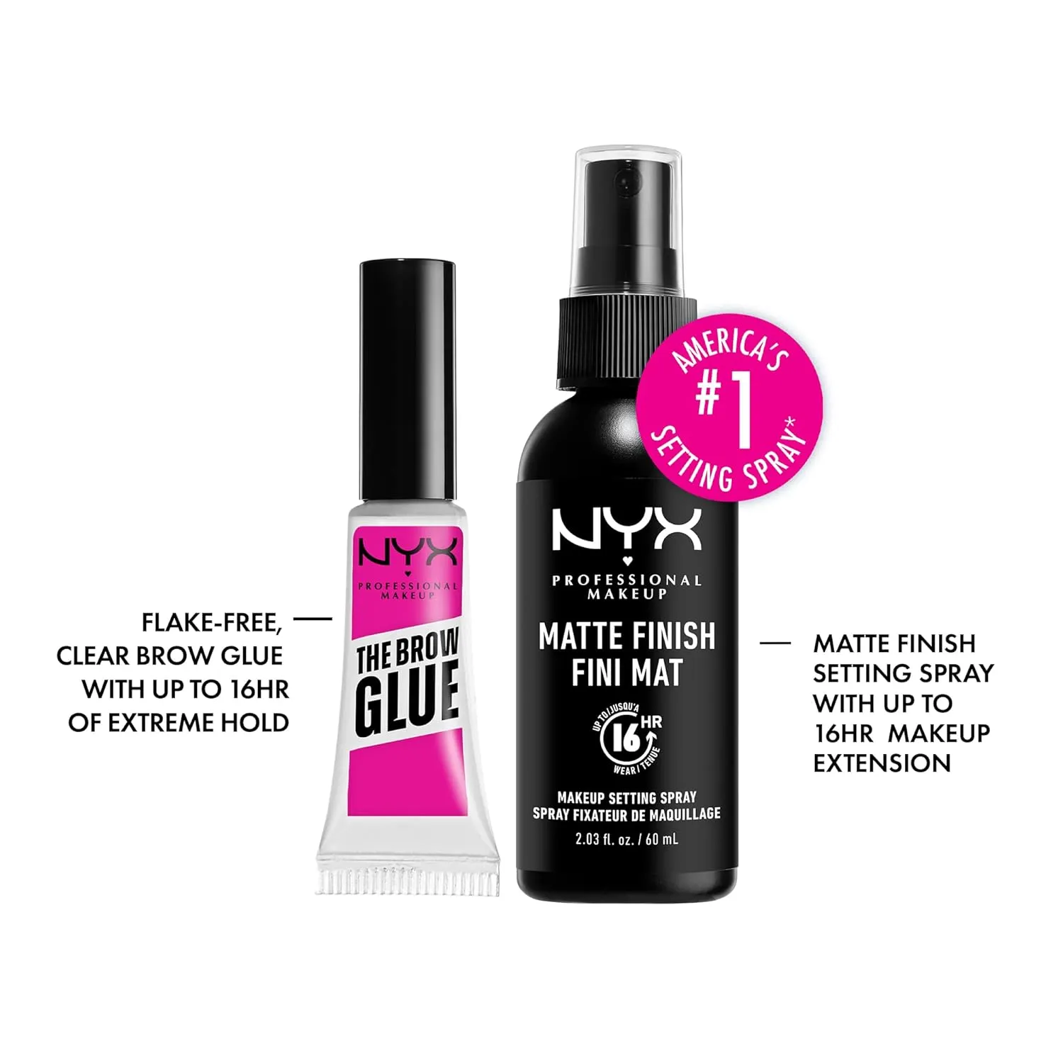 NYX PROFESSIONAL MAKEUP The Brow Glue, Extreme Hold Eyebrow Gel, Clear   Makeup Setting Spray, Matte Finish (2-Pack Bundle)