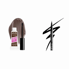 NYX PROFESSIONAL MAKEUP The Brow Glue Extreme Hold Tinted Eyebrow Gel Dark Brown and Epic Ink Waterproof Liquid Eyeliner Black Vegan Formula