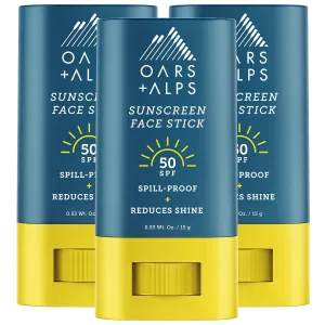 Oars   Alps Matte Face Sunscreen Stick, SPF 50 Travel Sunscreen Roll On for Face & Body, Fragrance Free, Water & Sweat Resistant Sunblock, All Skin Types, Dermatologist Tested, Moisturizing, 3pk