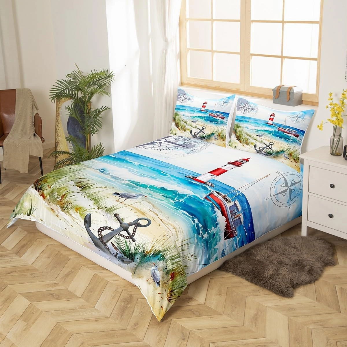 Ocean Beach Bedding Set Twin Size Lighthouse Sailboat Anchor Duvet Cover Set for Kids Boys Teens Bedroom Decor,Sea Adventure Comforter Cover Waterproof Coastal View Quilt Cover,1 Pillowcase