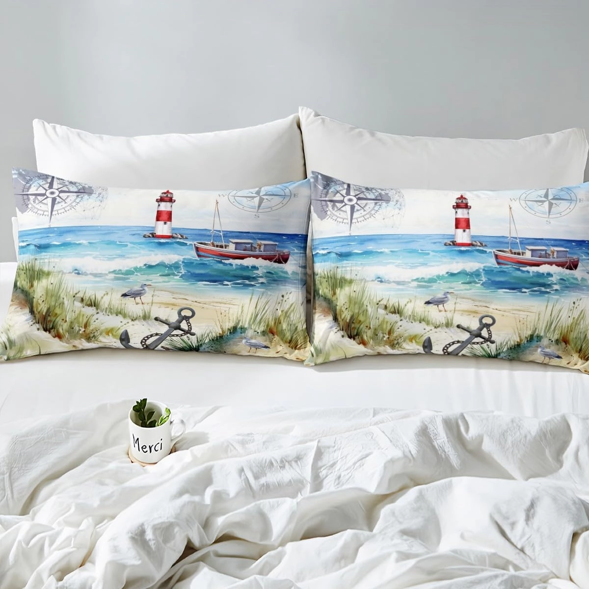 Ocean Beach Bedding Set Twin Size Lighthouse Sailboat Anchor Duvet Cover Set for Kids Boys Teens Bedroom Decor,Sea Adventure Comforter Cover Waterproof Coastal View Quilt Cover,1 Pillowcase