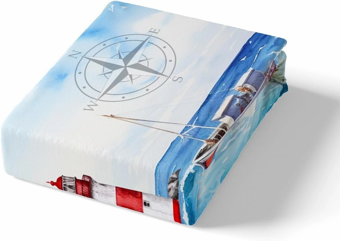 Ocean Beach Bedding Set Twin Size Lighthouse Sailboat Anchor Duvet Cover Set for Kids Boys Teens Bedroom Decor,Sea Adventure Comforter Cover Waterproof Coastal View Quilt Cover,1 Pillowcase