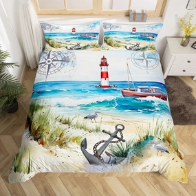 Ocean Beach Bedding Set Twin Size Lighthouse Sailboat Anchor Duvet Cover Set for Kids Boys Teens Bedroom Decor,Sea Adventure Comforter Cover Waterproof Coastal View Quilt Cover,1 Pillowcase