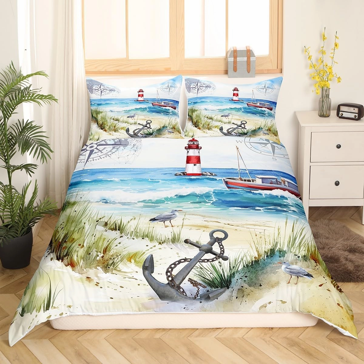 Ocean Beach Bedding Set Twin Size Lighthouse Sailboat Anchor Duvet Cover Set for Kids Boys Teens Bedroom Decor,Sea Adventure Comforter Cover Waterproof Coastal View Quilt Cover,1 Pillowcase