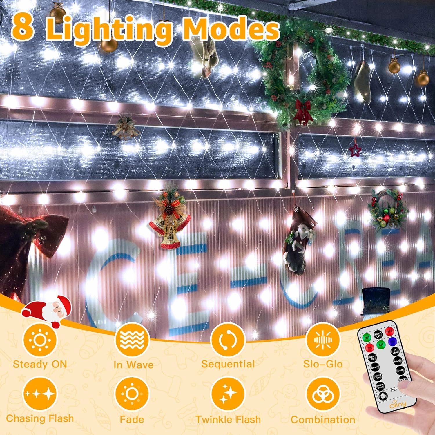Ollny Net Lights Outdoor Mesh Lights 210LED 10x7ft, IP67 Waterproof Connectable Christmas Net Lights, 8 Modes Plug in Bush Lights for Tree Shrubs Outside Indoor Decorations, Cool White