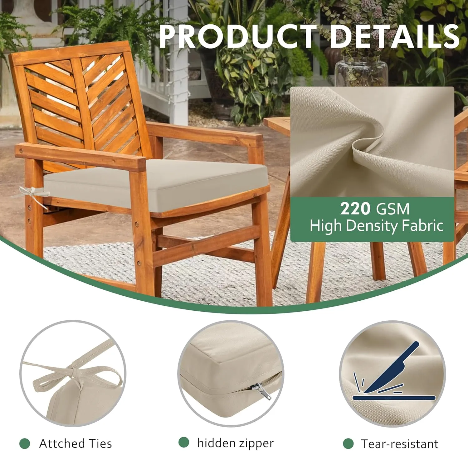 Outdoor Chair Cushions Set of 4: Waterproof & Fade Resistant Seat Cushion for Patio Furniture - 18.5 x 16 x 2 Inch Chair Pads with Ties and Hidden Zipper - Patio Chair Cushion Replacement, Beige