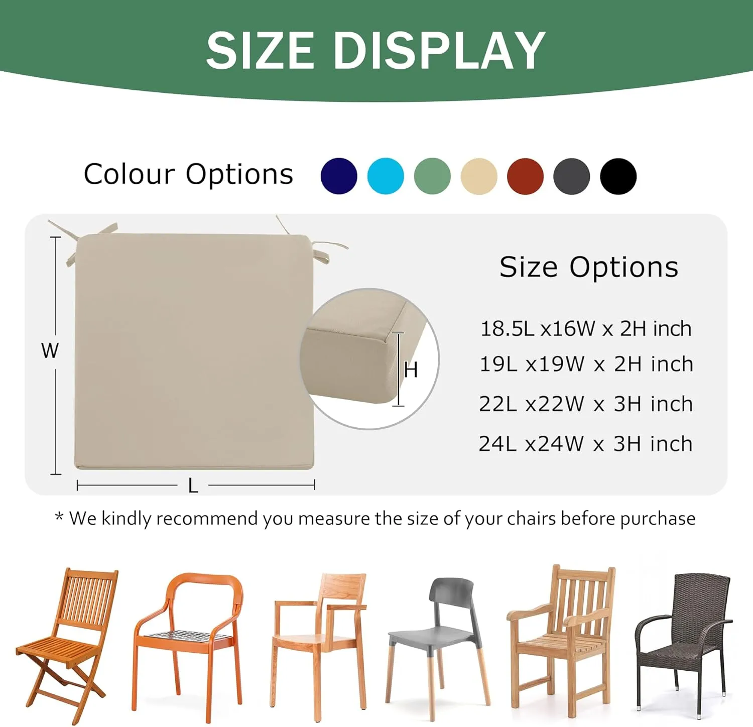 Outdoor Chair Cushions Set of 4: Waterproof & Fade Resistant Seat Cushion for Patio Furniture - 18.5 x 16 x 2 Inch Chair Pads with Ties and Hidden Zipper - Patio Chair Cushion Replacement, Beige