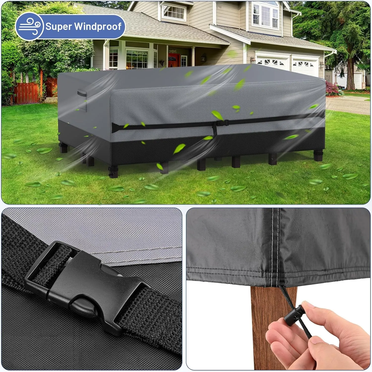 Outdoor Furniture Covers Waterproof, Upgrade Windproof Patio Furniture Covers, Tear-Resistant Patio Table and Chair Set Cover with Buckle Straps and Elastic Hem, 90" L× 62" W× 28" H, Grey
