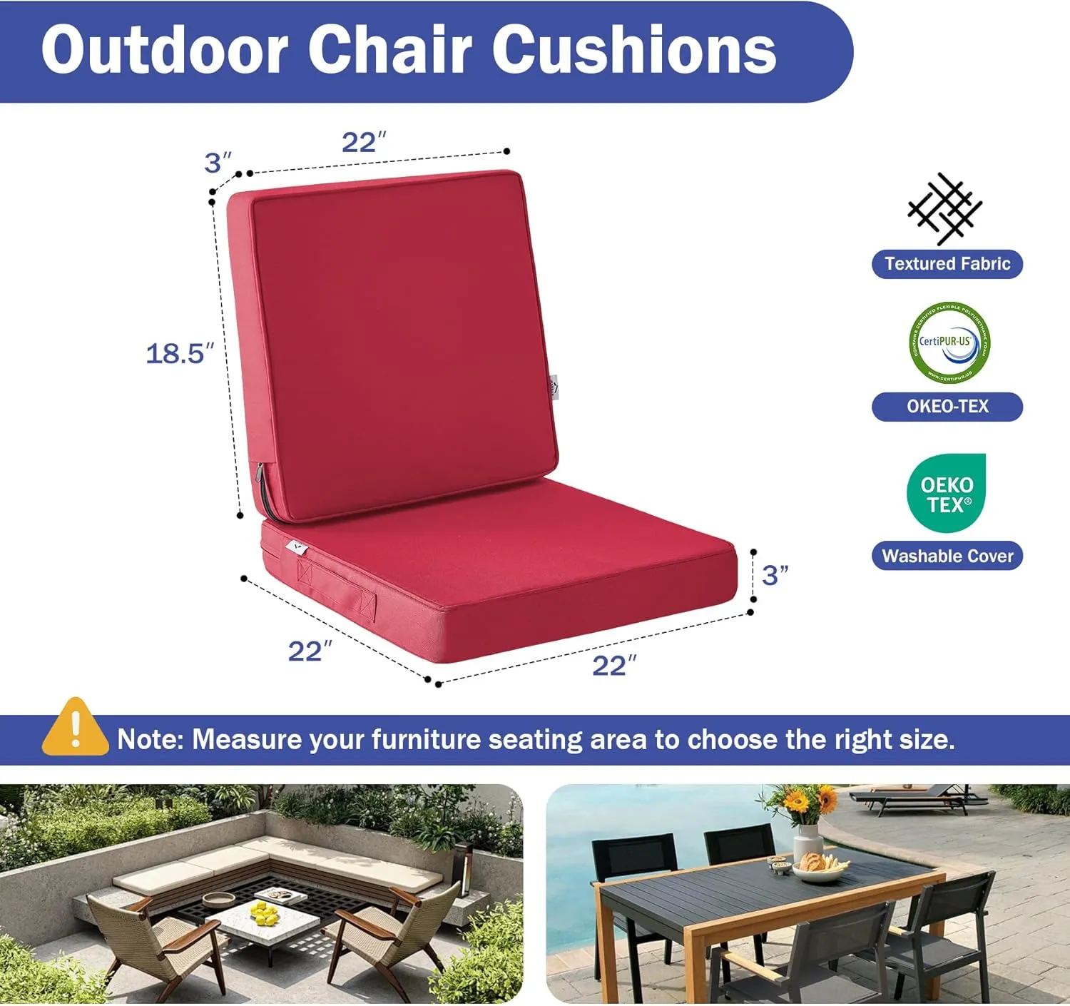 Outdoor Seat Cushion Set 22 x 22 x 3 Inch, Outdoor Cushions for Patio Furniture, Waterproof & Fade Resistant Outdoor Chair Cushions, Deep Seat Cushions with Removable Cover, Burgundy