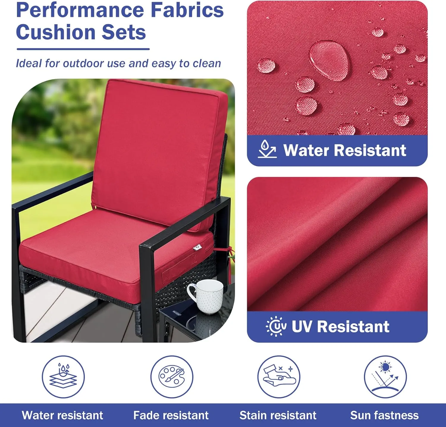 Outdoor Seat Cushion Set 22 x 22 x 3 Inch, Outdoor Cushions for Patio Furniture, Waterproof & Fade Resistant Outdoor Chair Cushions, Deep Seat Cushions with Removable Cover, Burgundy
