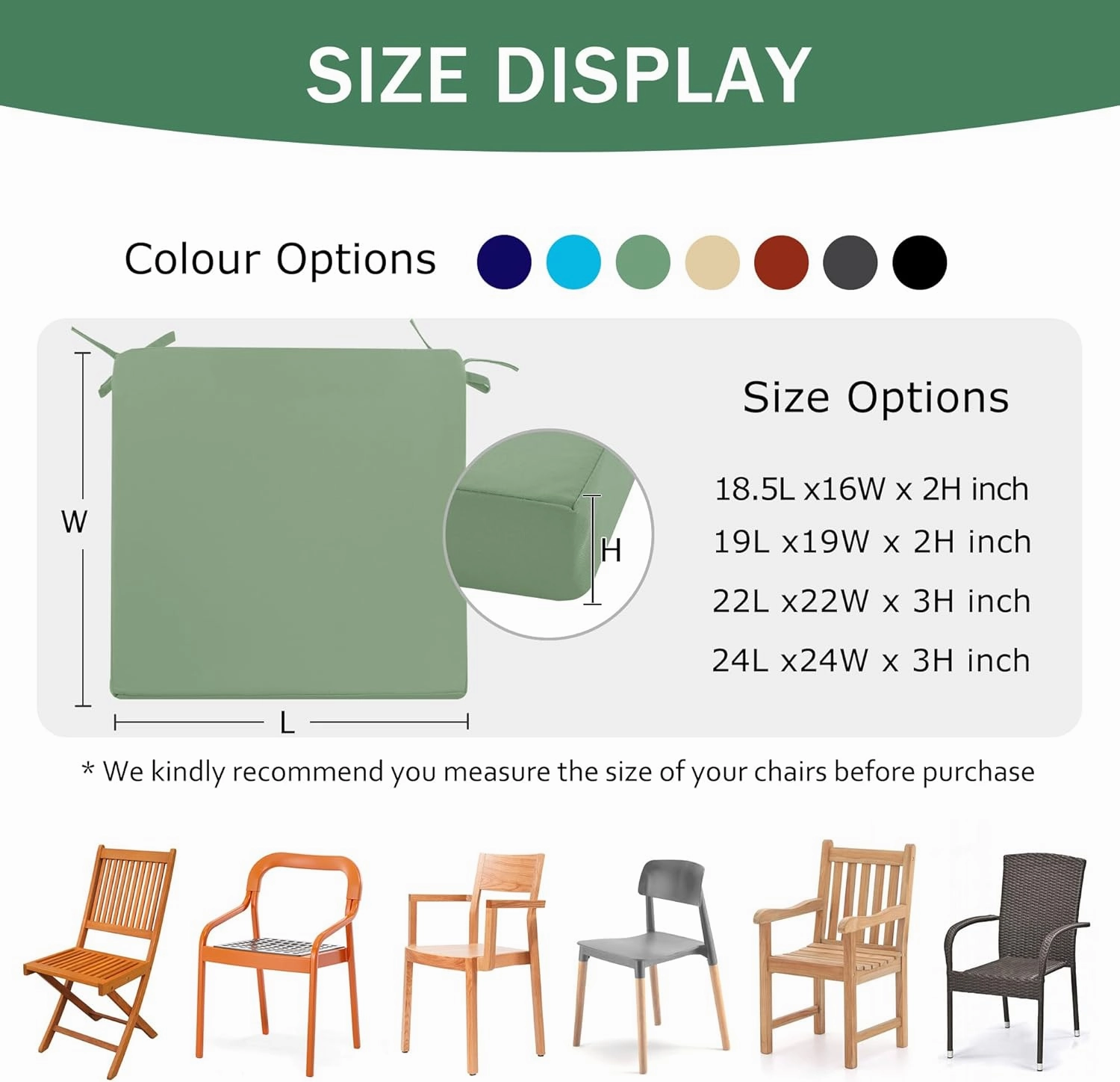 Outdoor Chair Cushions Set of 2: Waterproof & Fade Resistant Seat Cushion for Patio Furniture - 18.5 x 16 x 2 Inch Chair Pads with Ties and Hidden Zipper - Chair Cushion Replacement, Sage Green