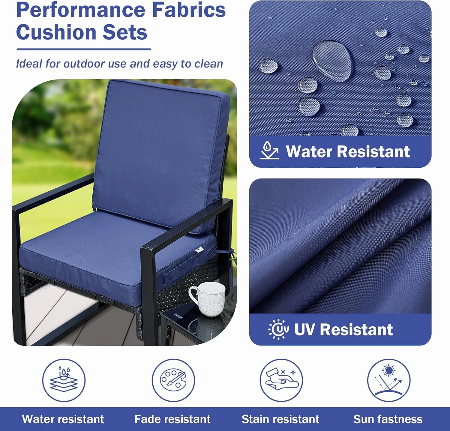Outdoor Seat Cushion Set 22 x 22 x 3 Inch, Outdoor Cushions for Patio Furniture, Waterproof & Fade Resistant Outdoor Chair Cushions, Deep Seat Cushions with Removable Cover, Navy Blue