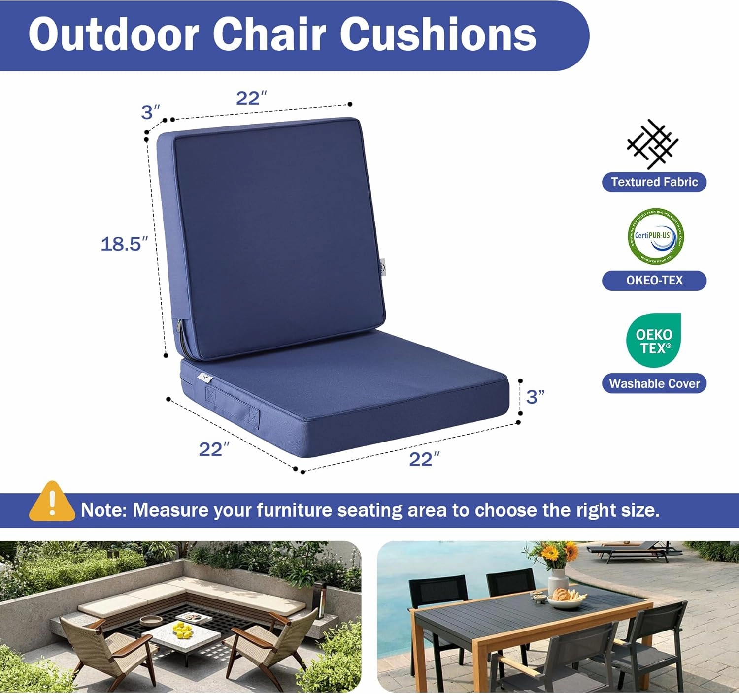 Outdoor Seat Cushion Set 22 x 22 x 3 Inch, Outdoor Cushions for Patio Furniture, Waterproof & Fade Resistant Outdoor Chair Cushions, Deep Seat Cushions with Removable Cover, Navy Blue