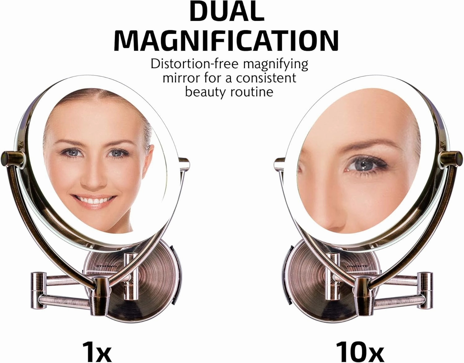Ovente 7.5" Lighted Wall Mount Makeup Mirror, 1X & 10X Magnifier, Spinning Double Sided Round LED w/ Dimmer Switch, Extend, Retractable & Folding Arm, Battery USB Powered Antique Brass MLW75AB1X10X