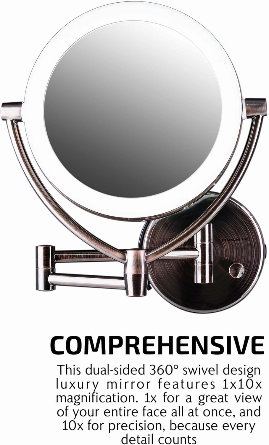 Ovente 7.5" Lighted Wall Mount Makeup Mirror, 1X & 10X Magnifier, Spinning Double Sided Round LED w/ Dimmer Switch, Extend, Retractable & Folding Arm, Battery USB Powered Antique Brass MLW75AB1X10X