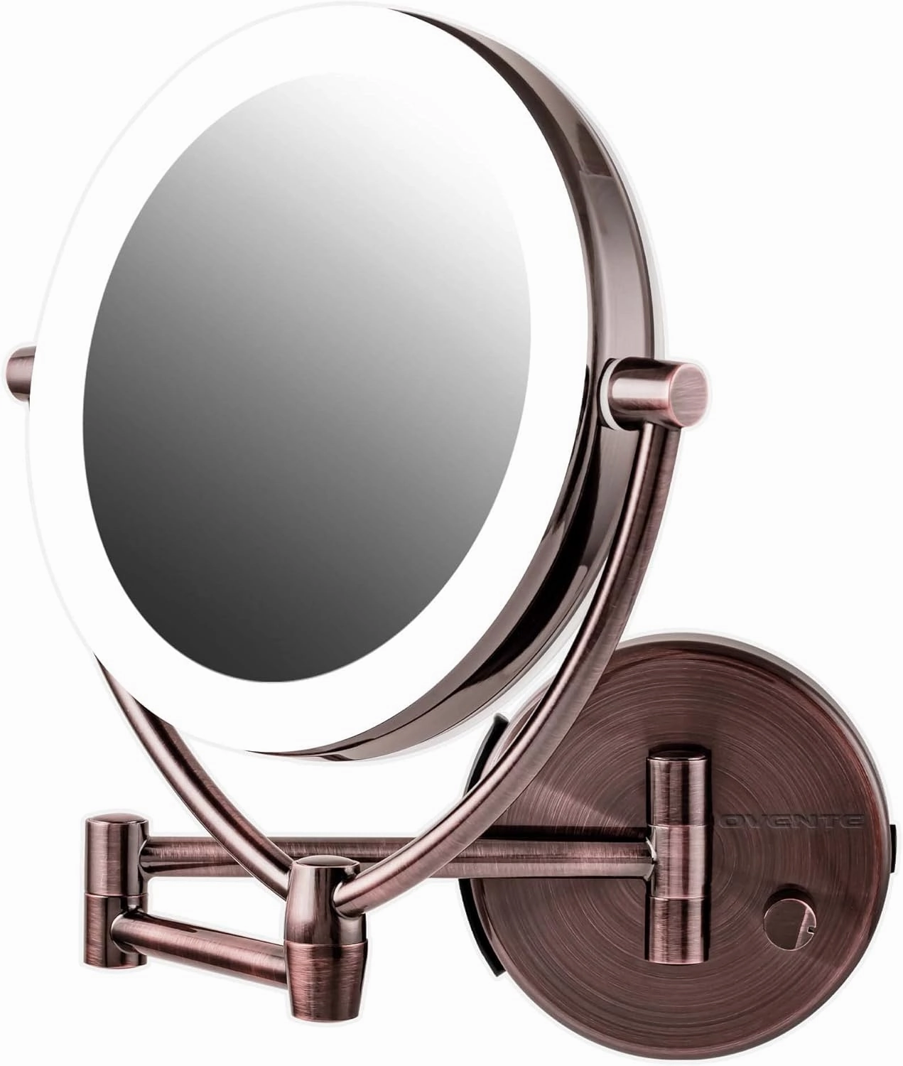 Ovente 7.5" Lighted Wall Mount Makeup Mirror, 1X & 10X Magnifier, Spinning Double Sided Round LED w/ Dimmer Switch, Extend, Retractable & Folding Arm, Battery USB Powered Antique Brass MLW75AB1X10X