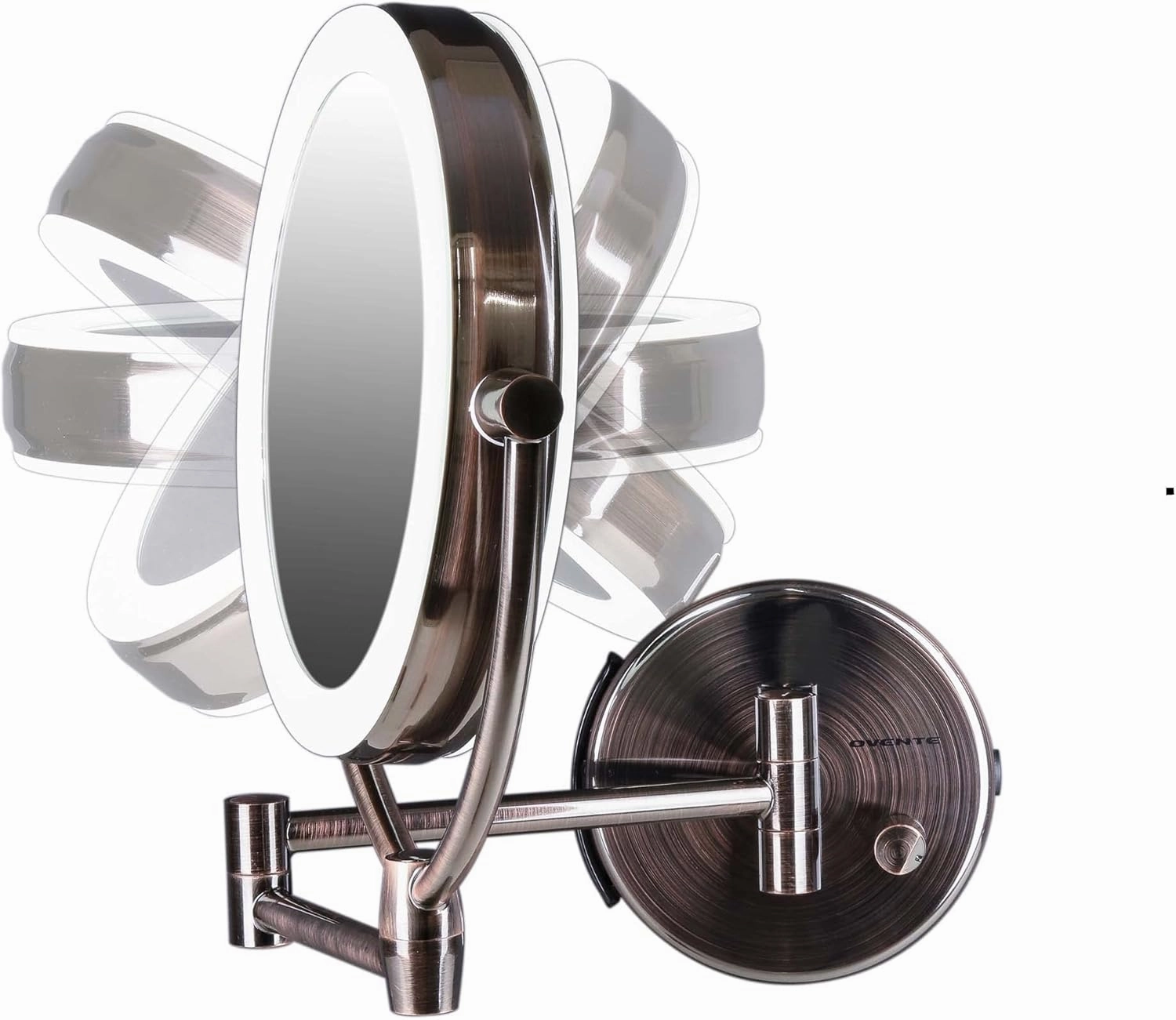 Ovente 7.5" Lighted Wall Mount Makeup Mirror, 1X & 10X Magnifier, Spinning Double Sided Round LED w/ Dimmer Switch, Extend, Retractable & Folding Arm, Battery USB Powered Antique Brass MLW75AB1X10X