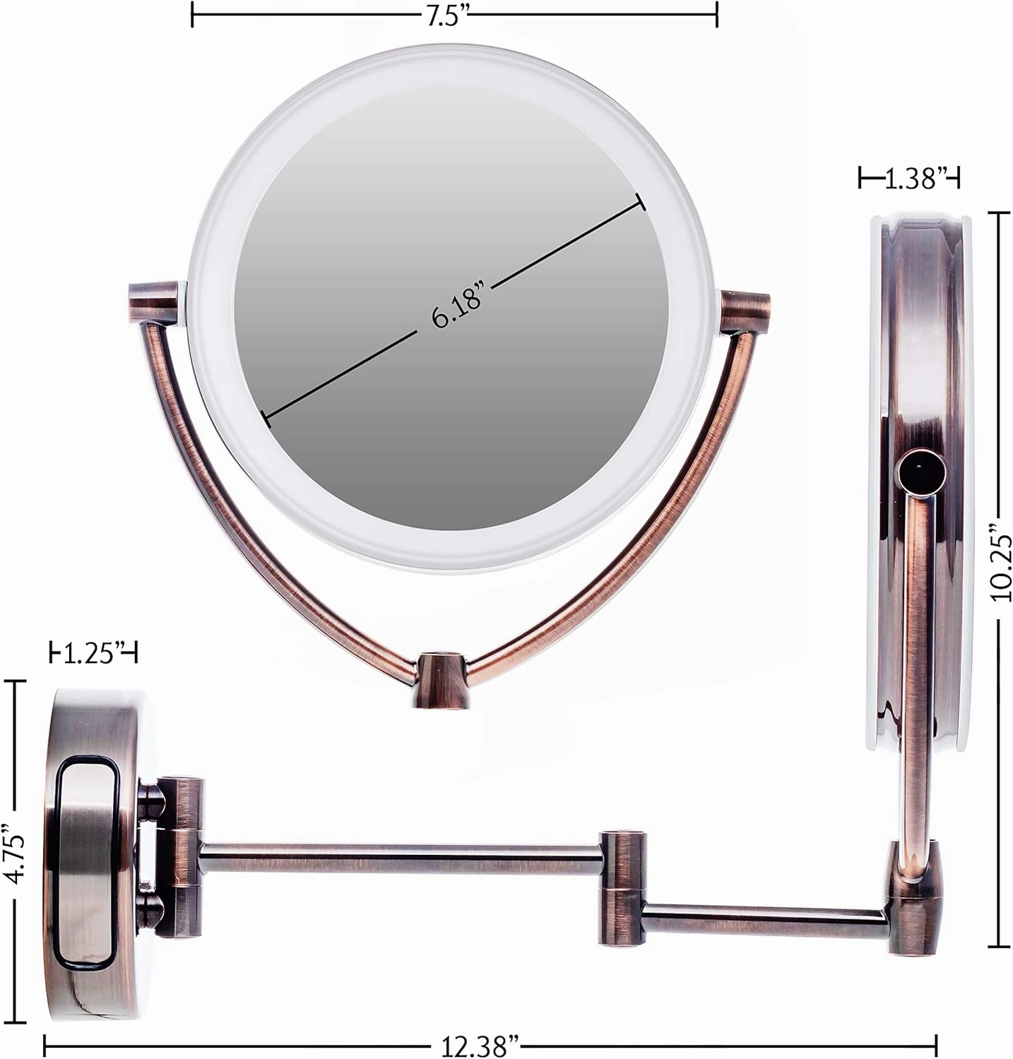 Ovente 7.5" Lighted Wall Mount Makeup Mirror, 1X & 10X Magnifier, Spinning Double Sided Round LED w/ Dimmer Switch, Extend, Retractable & Folding Arm, Battery USB Powered Antique Brass MLW75AB1X10X
