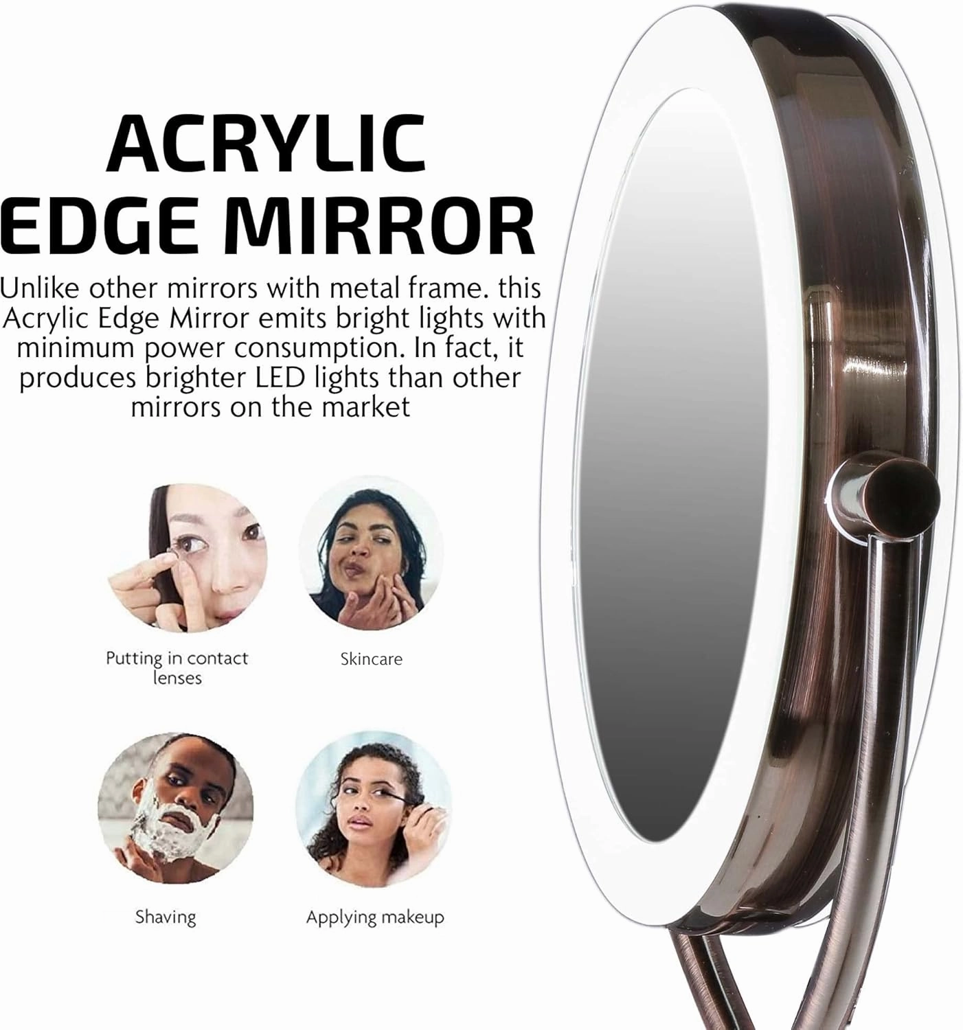 Ovente 7.5" Lighted Wall Mount Makeup Mirror, 1X & 10X Magnifier, Spinning Double Sided Round LED w/ Dimmer Switch, Extend, Retractable & Folding Arm, Battery USB Powered Antique Brass MLW75AB1X10X