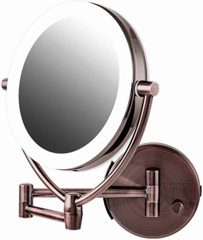 Ovente 7.5" Lighted Wall Mount Makeup Mirror, 1X & 10X Magnifier, Spinning Double Sided Round LED w/ Dimmer Switch, Extend, Retractable & Folding Arm, Battery USB Powered Antique Brass MLW75AB1X10X