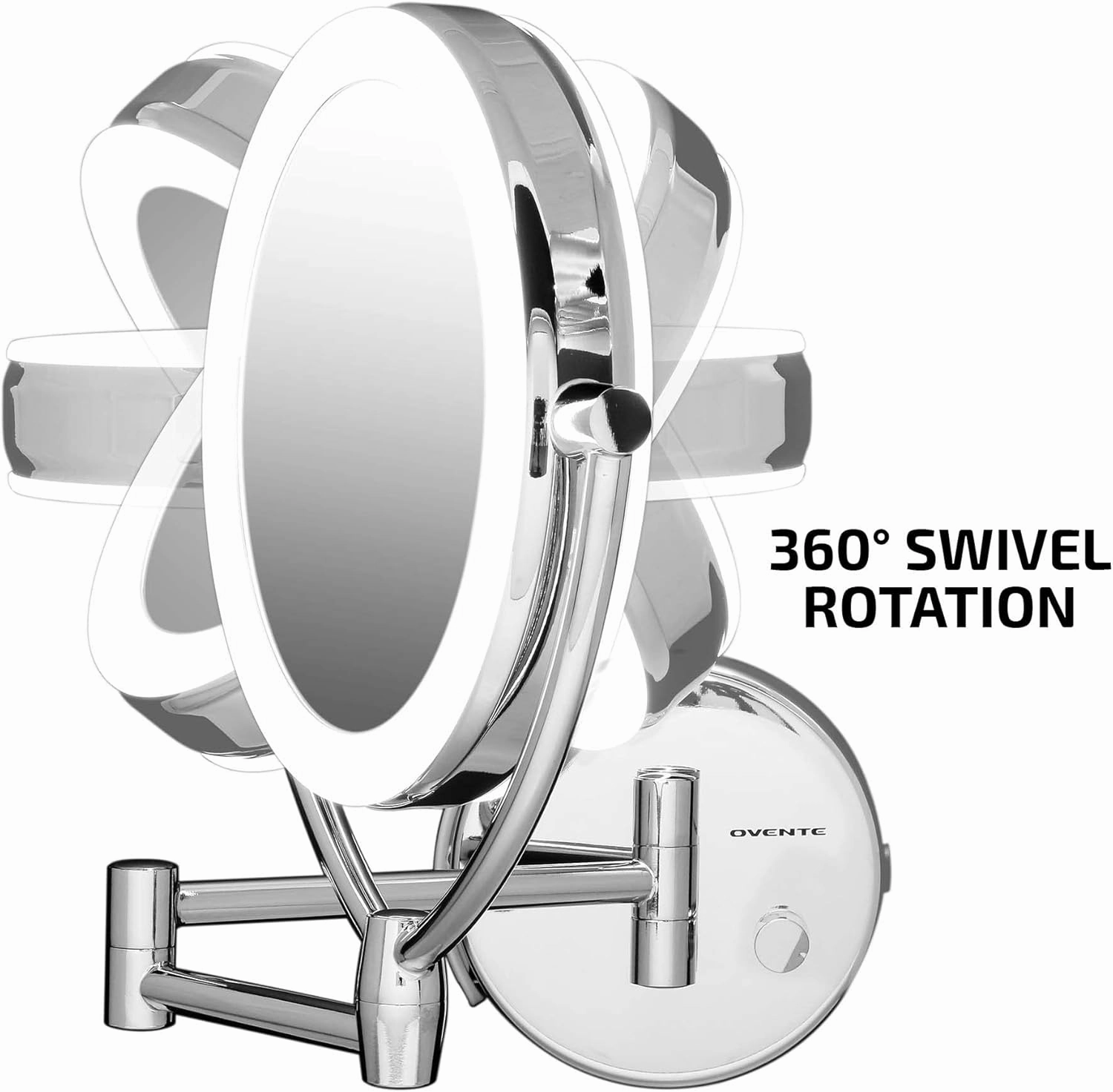 Ovente 7.5" Lighted Wall Mount Makeup Mirror, 1X & 10X Magnifier, Spinning Double Sided Round LED w/ Dimmer Switch, Extend, Retractable & Folding Arm, Battery USB Powered Polished Chrome MLW75CH1X10X