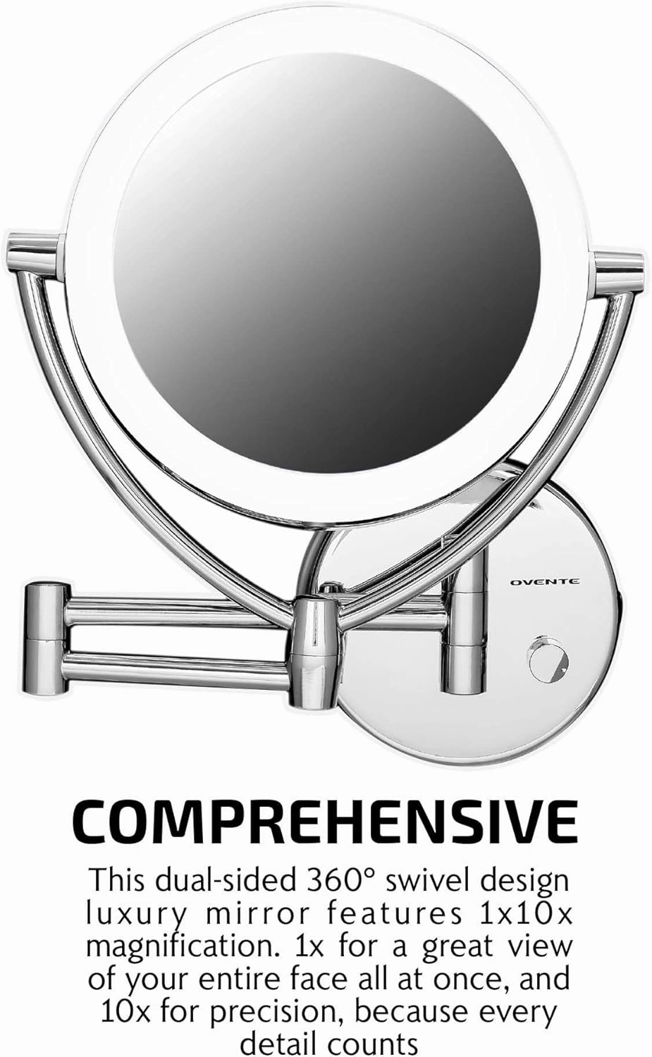 Ovente 7.5" Lighted Wall Mount Makeup Mirror, 1X & 10X Magnifier, Spinning Double Sided Round LED w/ Dimmer Switch, Extend, Retractable & Folding Arm, Battery USB Powered Polished Chrome MLW75CH1X10X