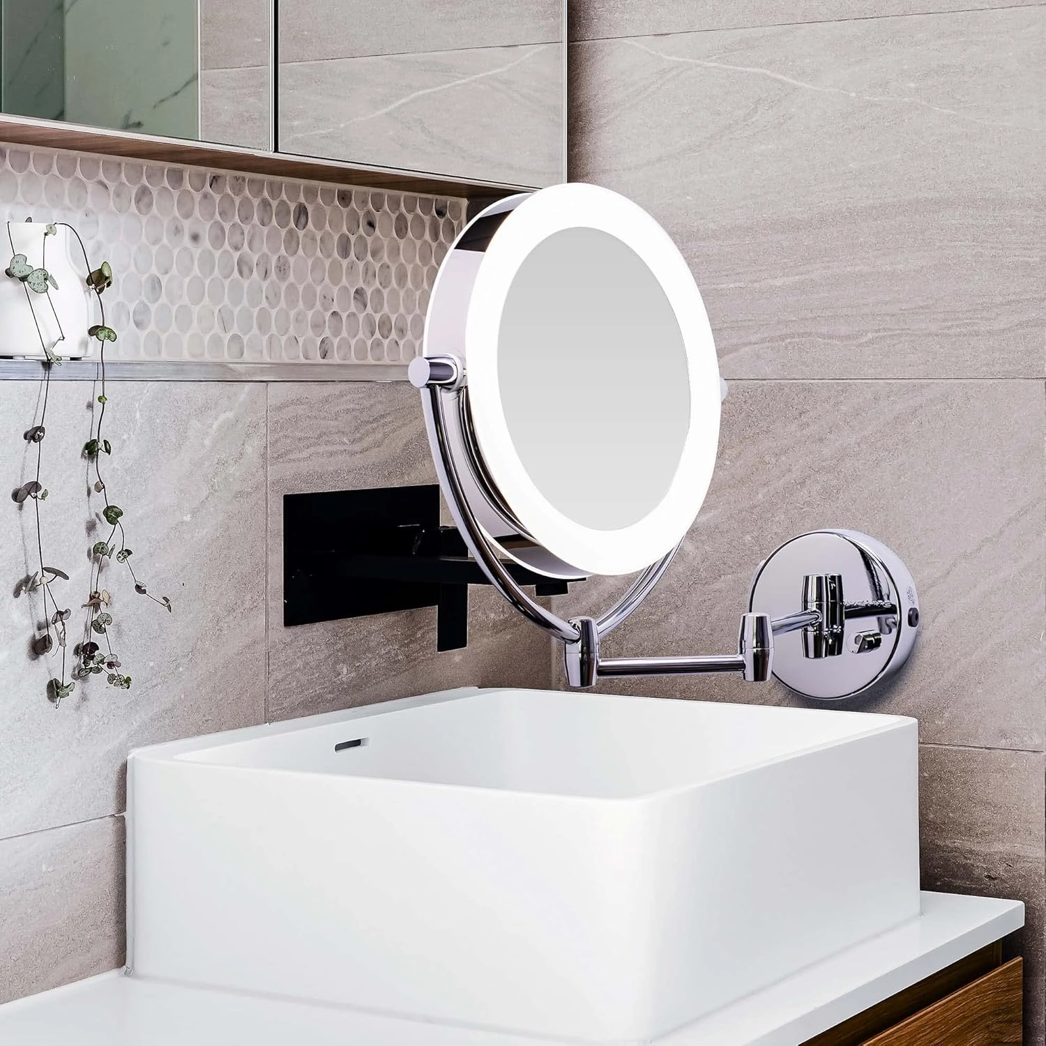 Ovente 7.5" Lighted Wall Mount Makeup Mirror, 1X & 10X Magnifier, Spinning Double Sided Round LED w/ Dimmer Switch, Extend, Retractable & Folding Arm, Battery USB Powered Polished Chrome MLW75CH1X10X