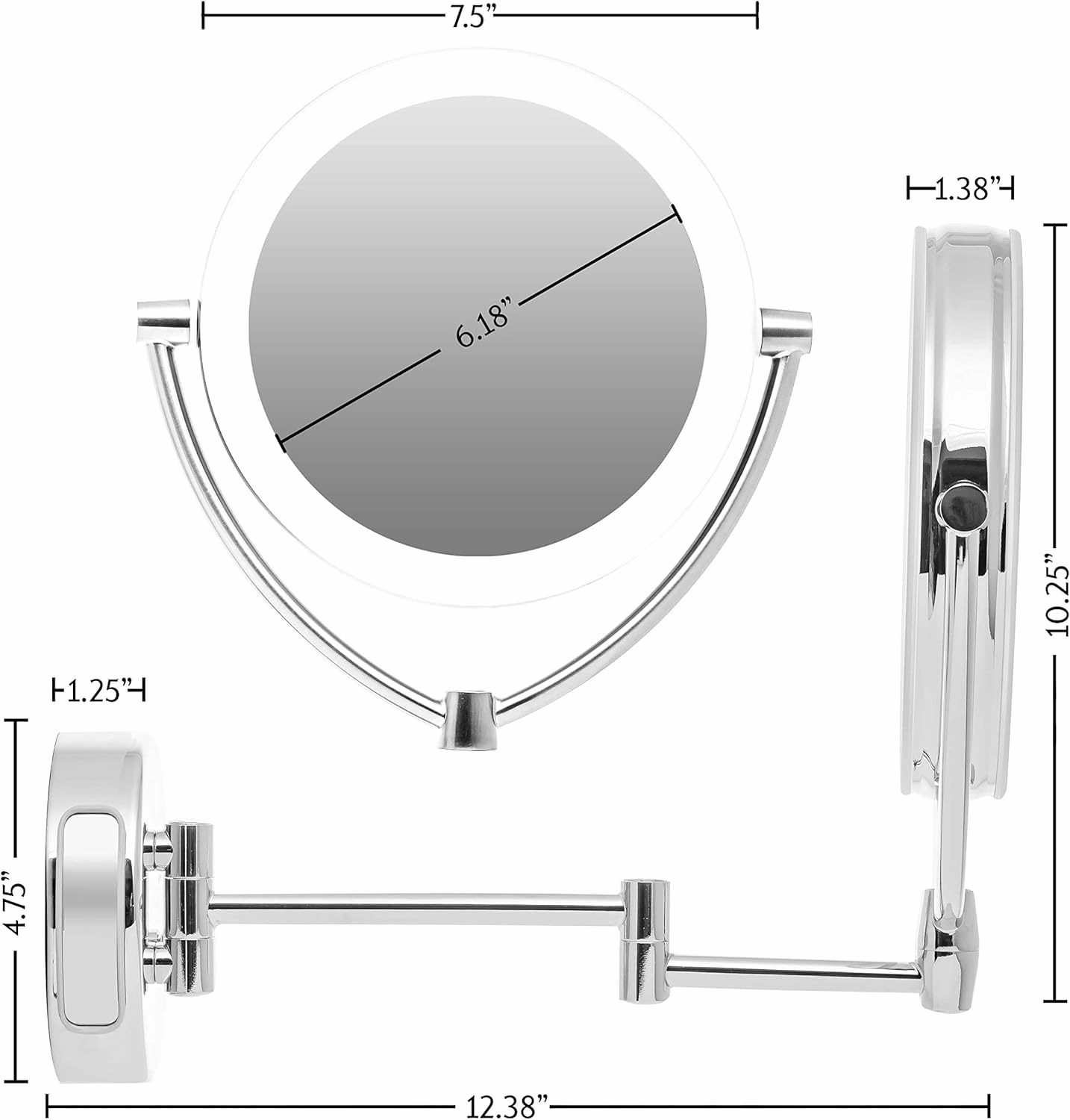Ovente 7.5" Lighted Wall Mount Makeup Mirror, 1X & 10X Magnifier, Spinning Double Sided Round LED w/ Dimmer Switch, Extend, Retractable & Folding Arm, Battery USB Powered Polished Chrome MLW75CH1X10X
