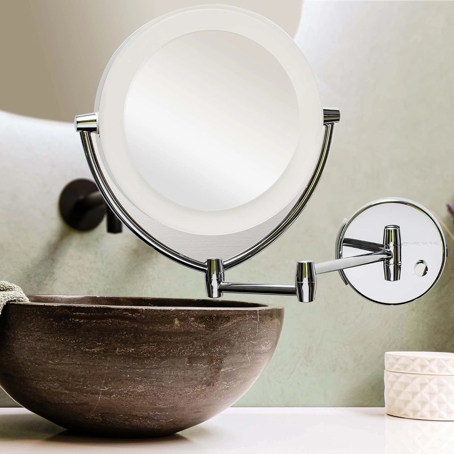 Ovente 7.5" Lighted Wall Mount Makeup Mirror, 1X & 10X Magnifier, Spinning Double Sided Round LED w/ Dimmer Switch, Extend, Retractable & Folding Arm, Battery USB Powered Polished Chrome MLW75CH1X10X