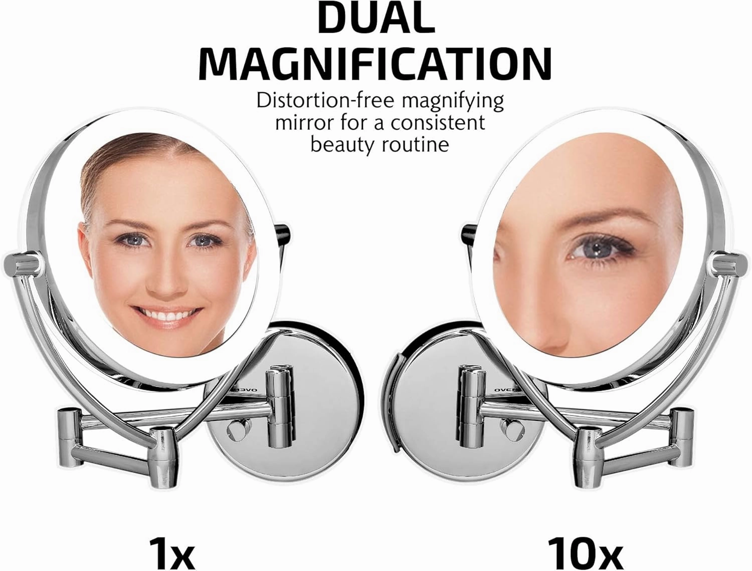 Ovente 7.5" Lighted Wall Mount Makeup Mirror, 1X & 10X Magnifier, Spinning Double Sided Round LED w/ Dimmer Switch, Extend, Retractable & Folding Arm, Battery USB Powered Polished Chrome MLW75CH1X10X