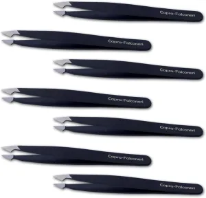 Pack of Six (6) Professional Stainless Steel Point Tweezers Black Powder Coated Eyebrow Tweezers for Women and Men Facial and Ingrown Hair Removal Tweezer