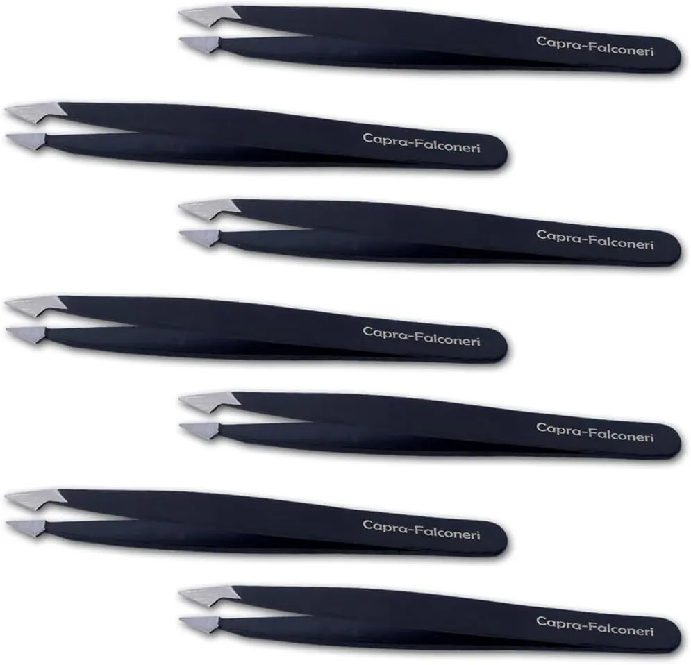 Pack of Six (6) Professional Stainless Steel Point Tweezers Black Powder Coated Eyebrow Tweezers for Women and Men Facial and Ingrown Hair Removal Tweezer