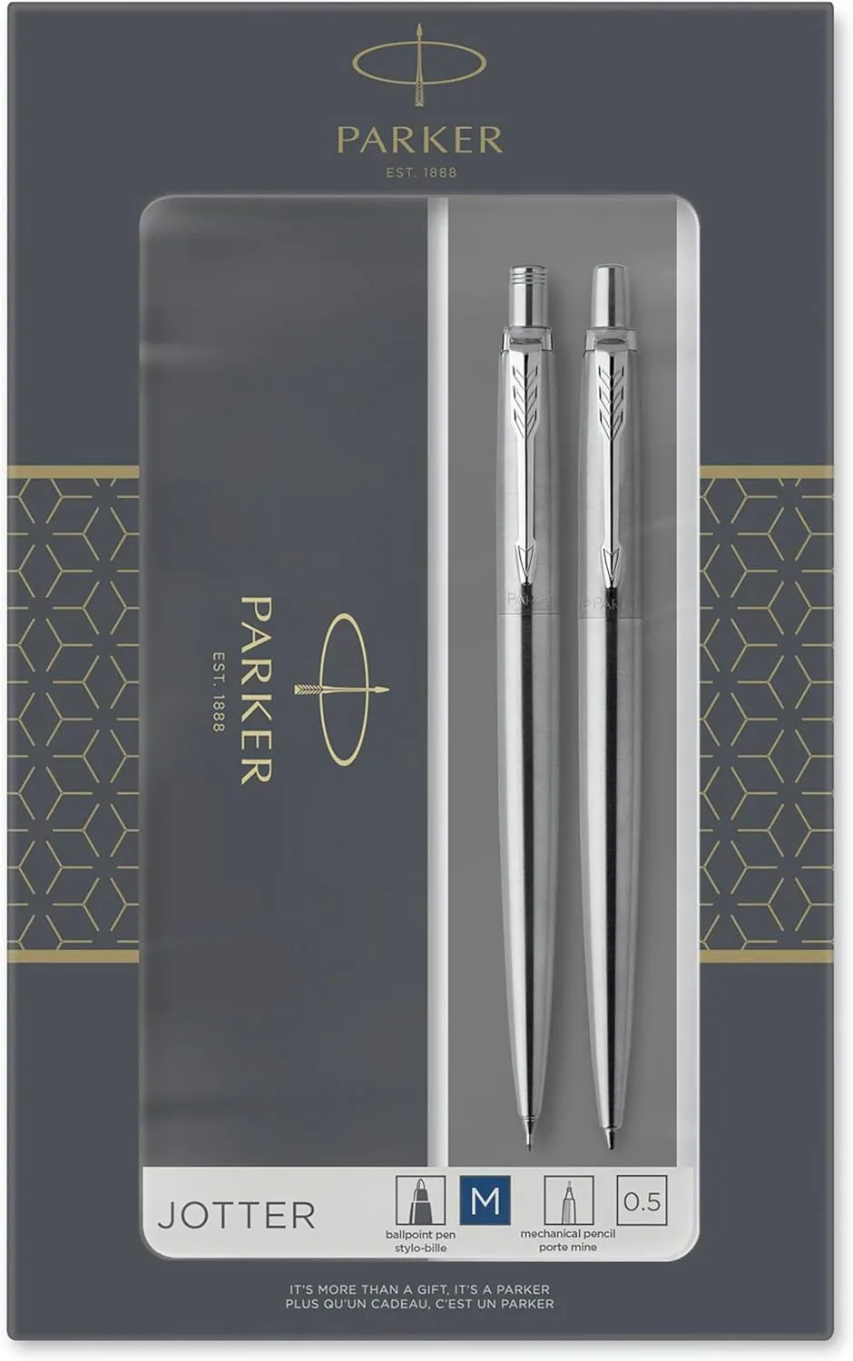 Parker Jotter Duo Gift Set with Ballpoint Pen & Mechanical Pencil (0.5mm) | Stainless Steel with Chrome Trim | Blue Ink Refill