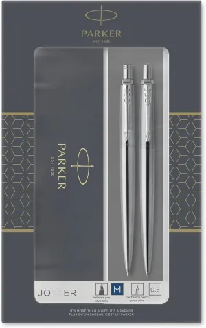 Parker Jotter Duo Gift Set with Ballpoint Pen & Mechanical Pencil (0.5mm) | Stainless Steel with Chrome Trim | Blue Ink Refill