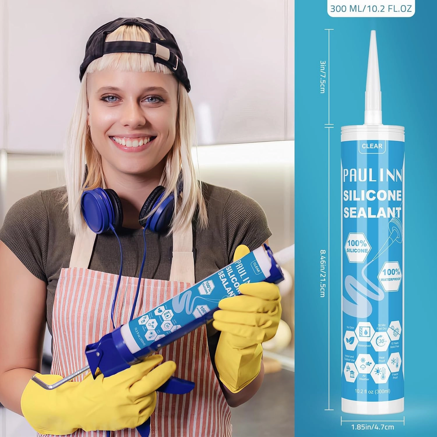 PAULINN Clear Silicone Sealant Waterproof 100% Silicone Caulk for RV, Kitchen, Bath, General Use, Window, Door, Glass, Marine, 10.2 Oz, 4 Packs