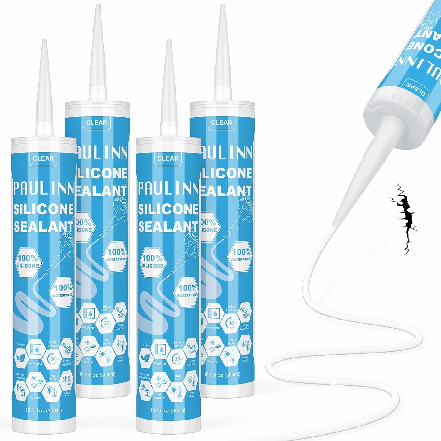 PAULINN Clear Silicone Sealant Waterproof 100% Silicone Caulk for RV, Kitchen, Bath, General Use, Window, Door, Glass, Marine, 10.2 Oz, 4 Packs