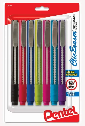Pentel Clic Eraser, Retractable Pen Style Grip - Pack of 7 Assorted Colored Pencil Erasers for Art, Drafting & Sketching
