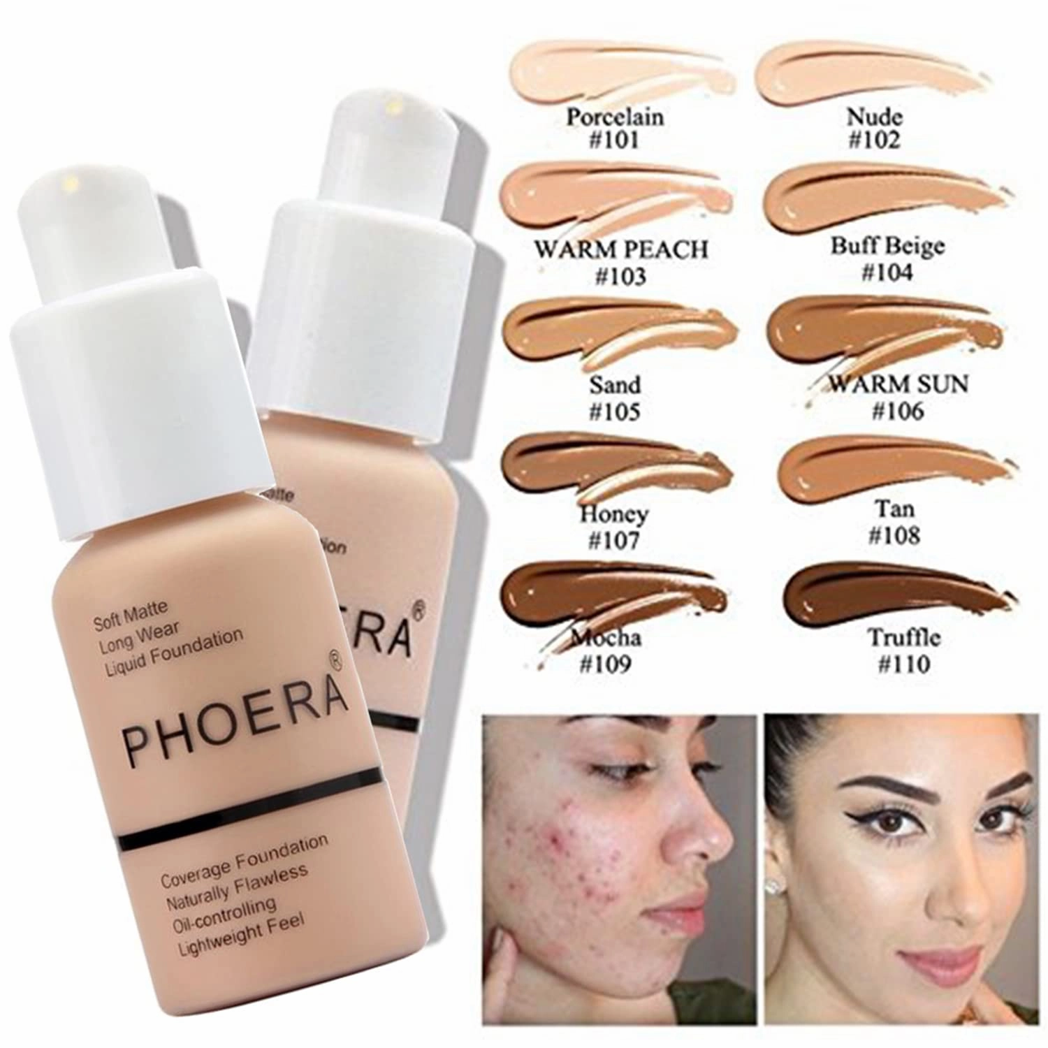 PHOERA Foundation Full Coverage,and 2024 New PHOERA Foundation Makeup for Mature Skin, Wrinkles Matte Natural Finish for a Flawless Complexion with Medium Coverage (103 N02/Warm Peach  Nude)