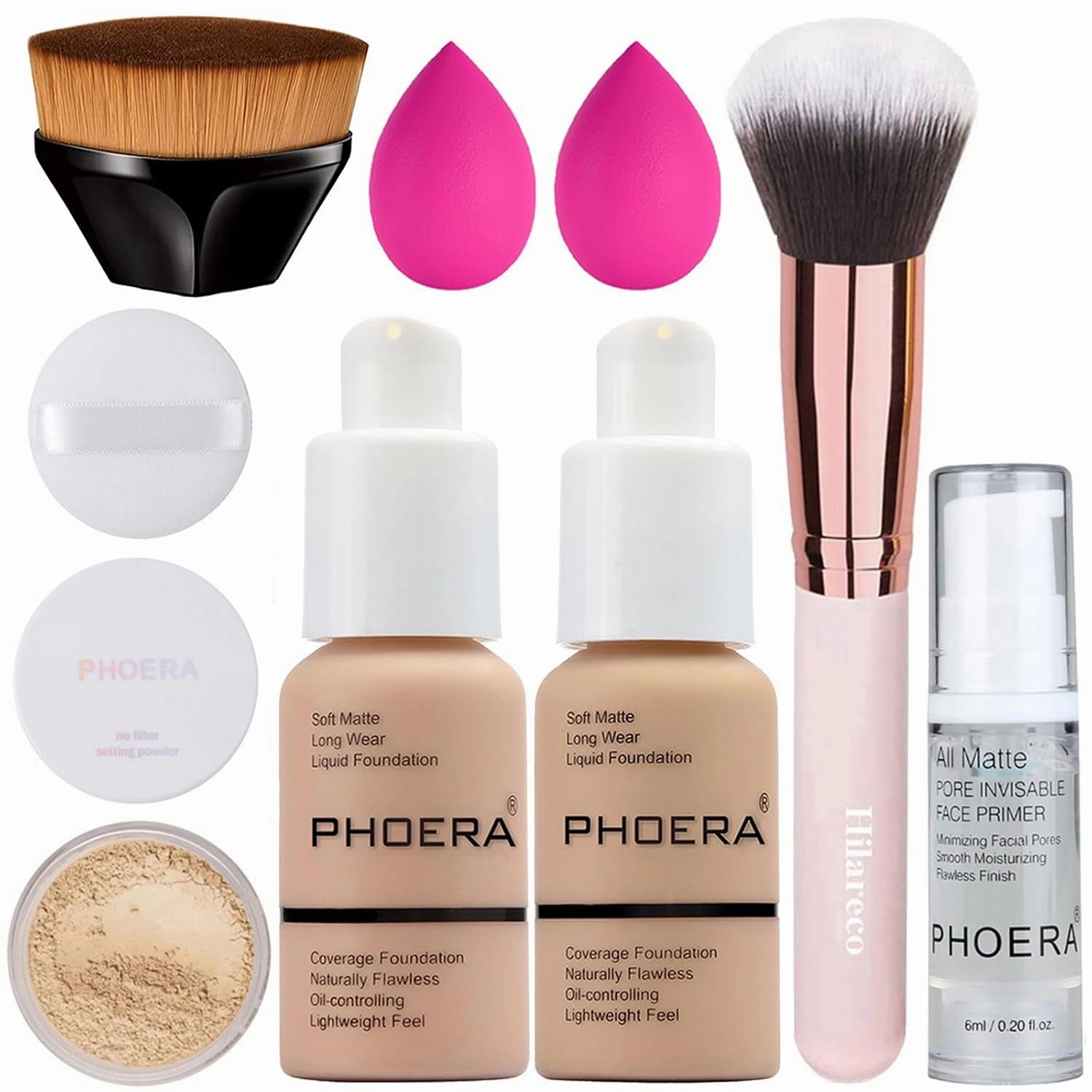 PHOERA Foundation, Full Coverage Foundation, PHOERA Primer, PHOERA Powder, PHOERA Makeup Set, Kabuki Makeup Brushes Foundation Brush Powder Brush,2 Pcs Makeup Sponge (103 Warm peach 104 Buff Beige)