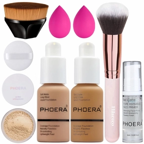 PHOERA Foundation, Full Coverage Foundation, PHOERA Primer, PHOERA Powder, PHOERA Makeup Set, Kabuki Makeup Brushes Foundation Brush Powder Brush,2 Pcs Makeup Sponge (105 Sand 111 Chestnut)