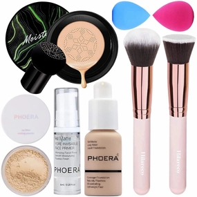 PHOERA Foundation Full Coverage Makeup, Mushroom Head Air Cushion CC Cream Natural Foundation, PHOERA Primer, PHOERA Powder, Brushes Foundation Brush,2 Makeup Sponge(105 Sand  05 Sand CC)