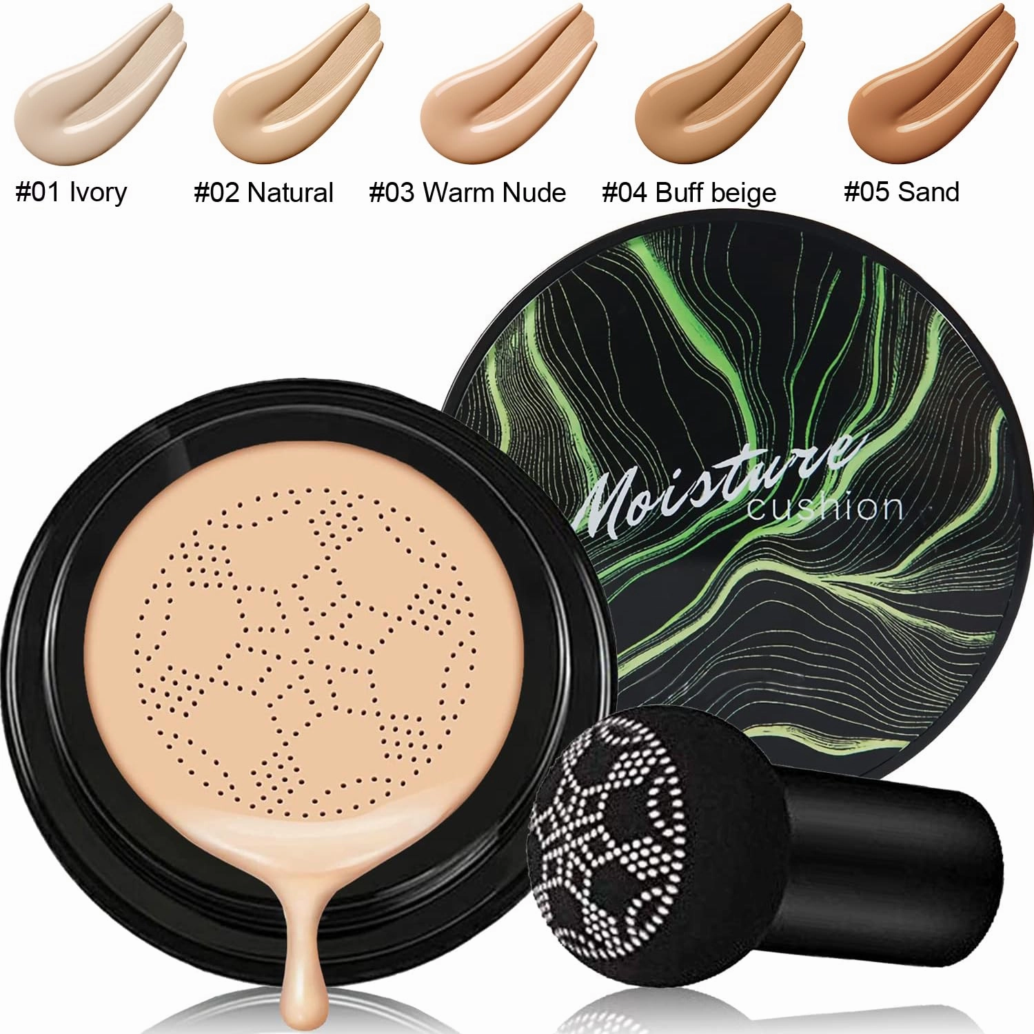 PHOERA Foundation Full Coverage Makeup, Mushroom Head Air Cushion CC Cream Natural Foundation, PHOERA Primer, PHOERA Powder, Brushes Foundation Brush,2 Makeup Sponge(105 Sand  05 Sand CC)