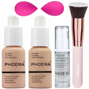 PHOERA Foundation,PHOERA Makeup for Women,PHOERA Matte Liquide Foundation Full Coverage,PHOERA Primer,PHOERA Concealer,Kabuki Makeup Brushes Foundation,2 Makeup Sponge(103 Warm peach 104 Buff Beige)
